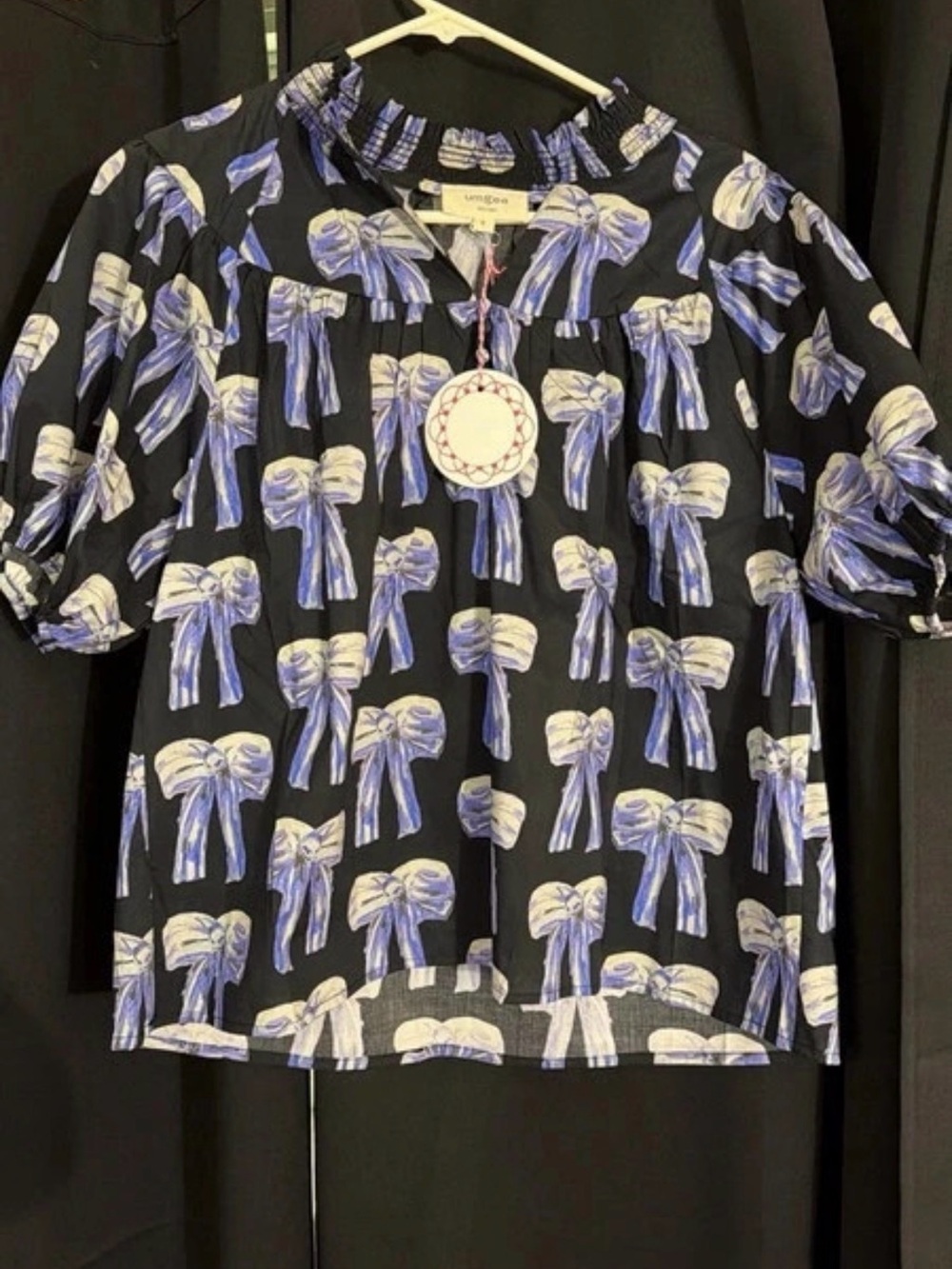 Womens Black Bow-Print Puff Sleeve Blouse Umgee